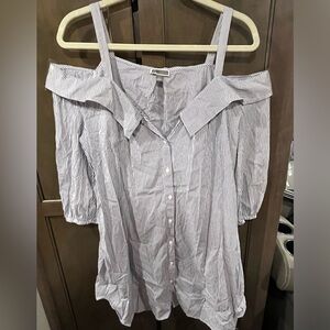 Off the shoulder mini blue/white shirt dress, billow elastic hem sleeves sz XL